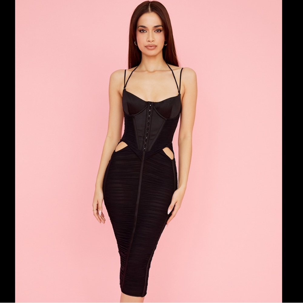 House of CB Black Ruched Midi Dress
